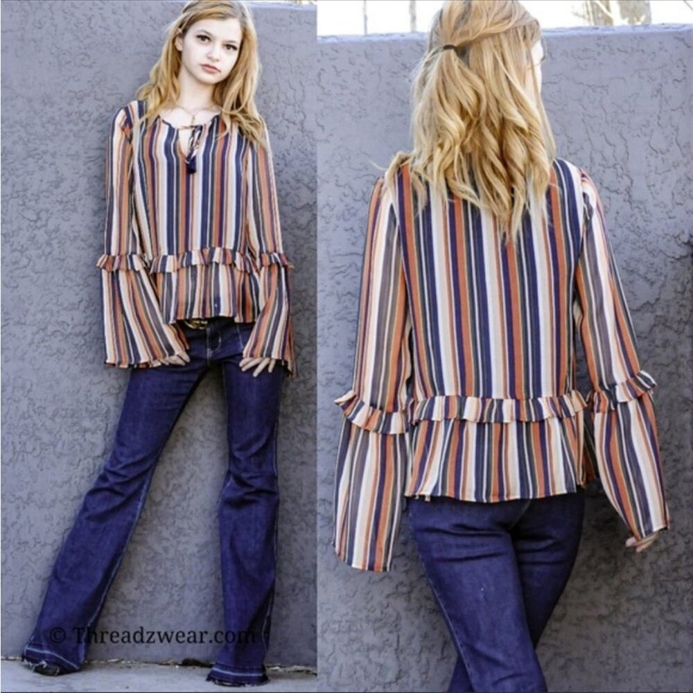 Gilli Orange & Cream Multicolor Striped Wide Sleeve Blouse Size S